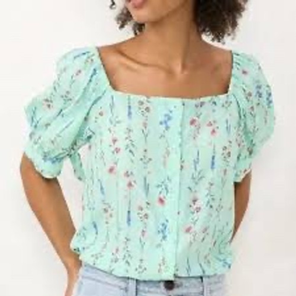 LC Lauren Conrad Mint Floral Puff Sleeve Square Neck Blouse Medium